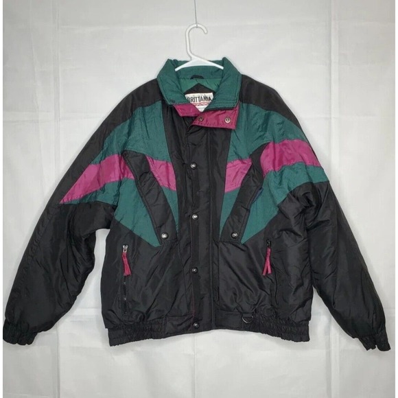 VTG Brittania Womens XL Ski Puffer Jacket 80’s 90's Black Colorblock Snowboard - Picture 2 of 7